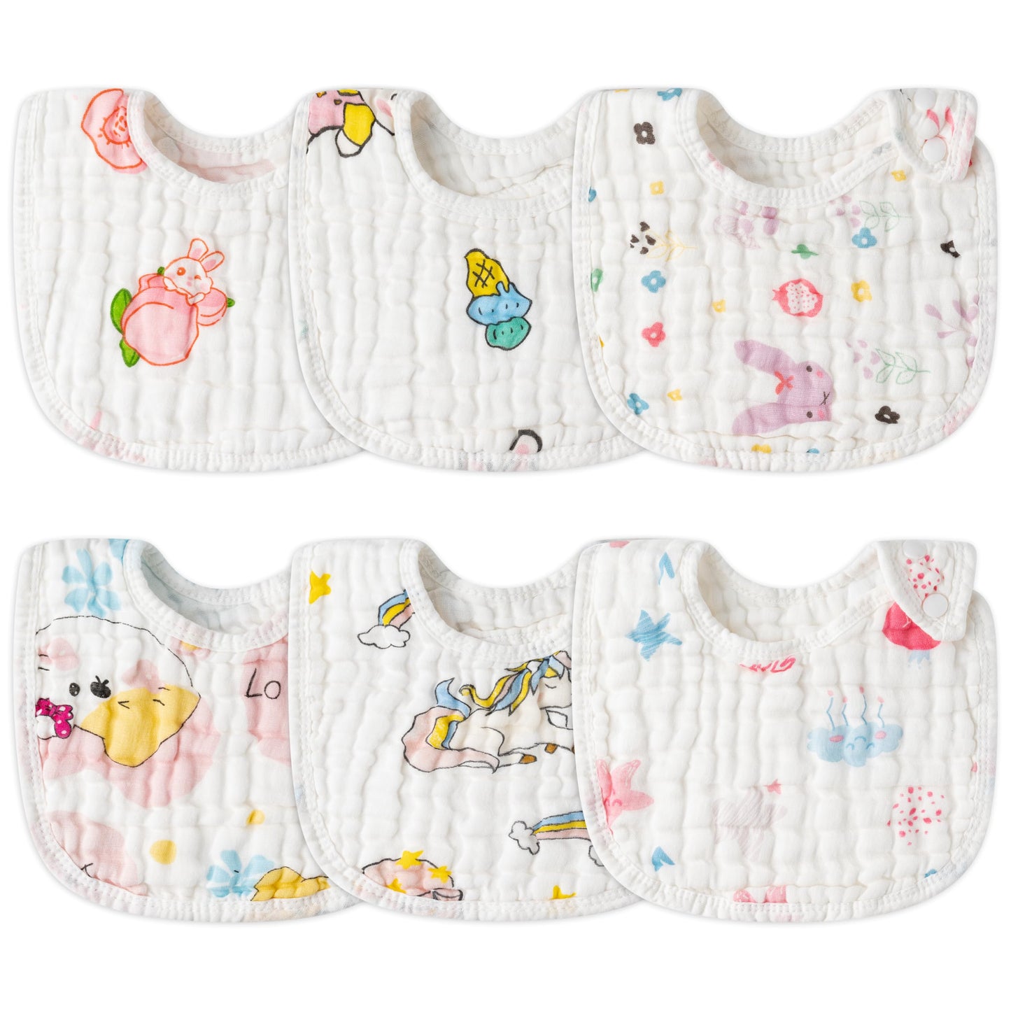 Zainpe 6Pcs Snap Muslin Cotton Bibs for Baby Love Heart Milk Letter Pattern Bib with 6 Absorbent Soft Layers, Machine Washable Burp Cloths for Infants Newborns Toddlers Drooling Feeding and Teething