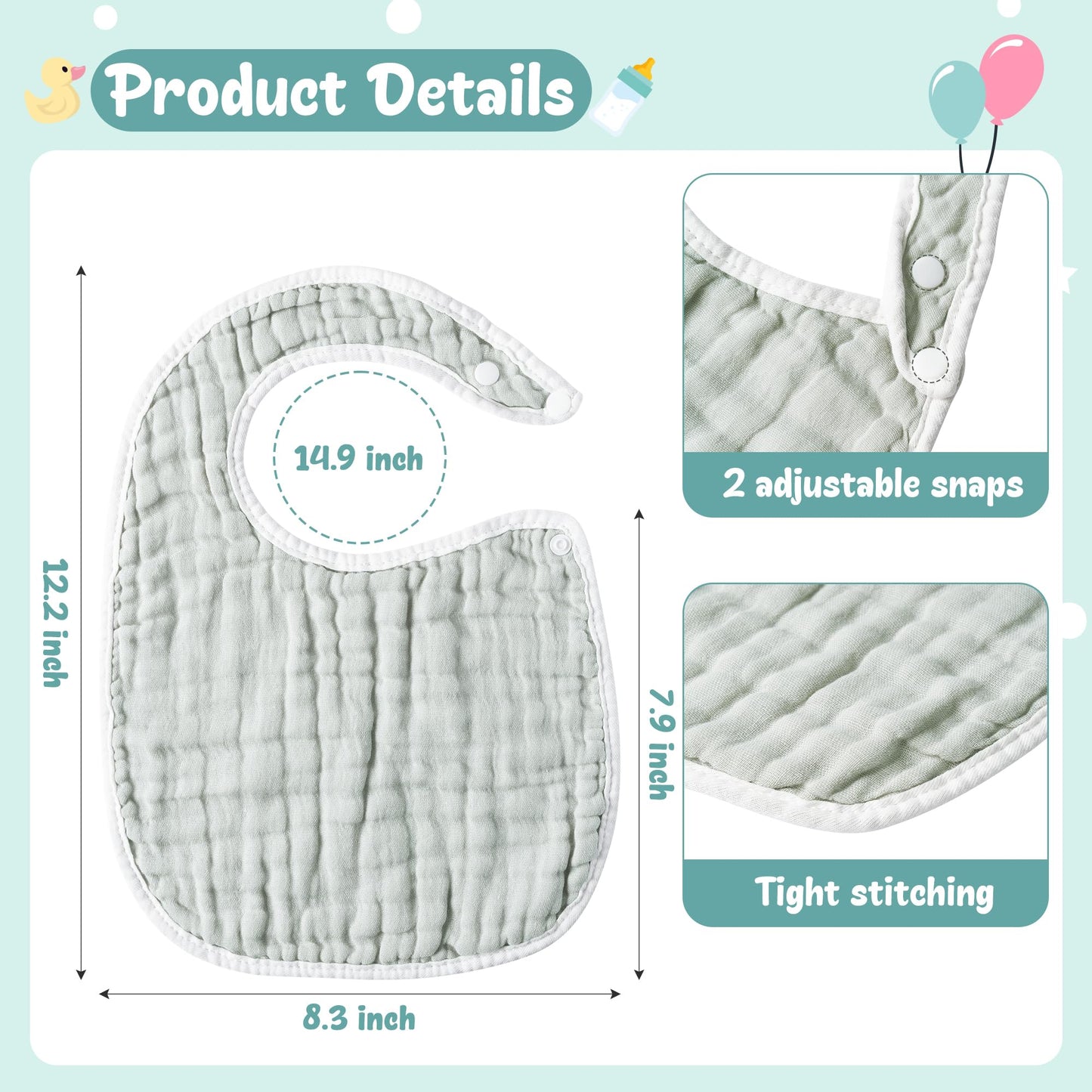 Zainpe 6Pcs Snap Muslin Cotton Bibs for Baby Love Heart Milk Letter Pattern Bib with 6 Absorbent Soft Layers, Machine Washable Burp Cloths for Infants Newborns Toddlers Drooling Feeding and Teething