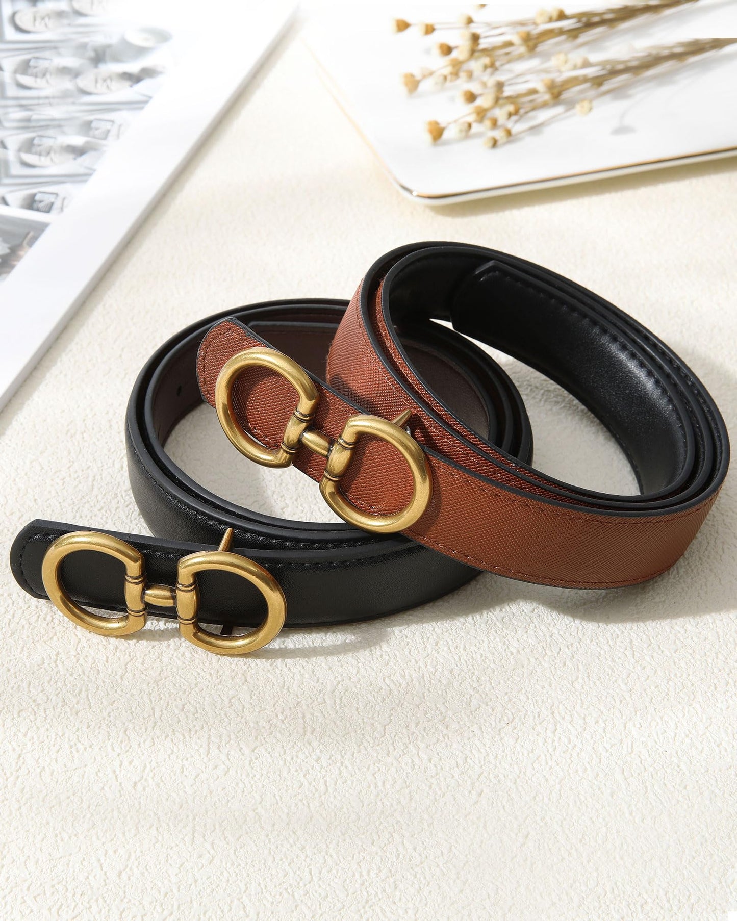 AWAYTR Reversible Belt for Women - Two-in-One Women Fashion Leather Belt for Jeans with Golden Buckle
