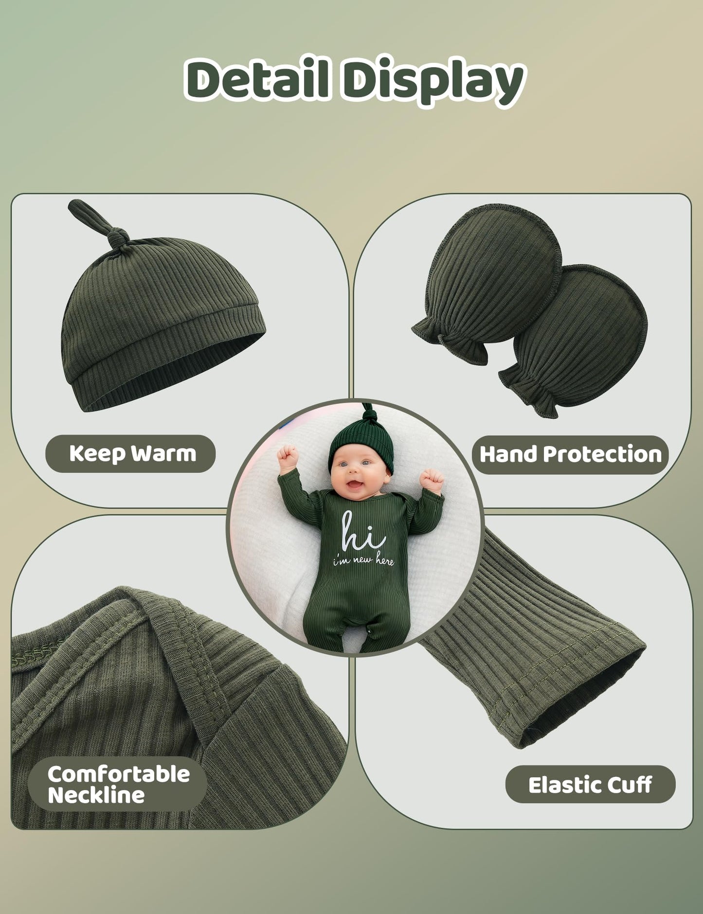 Newborn Unisex Baby Clothes 0-3 Months,Long Sleeve Onesie Infant Coming Home Outfits Romper with Mittens & Hat