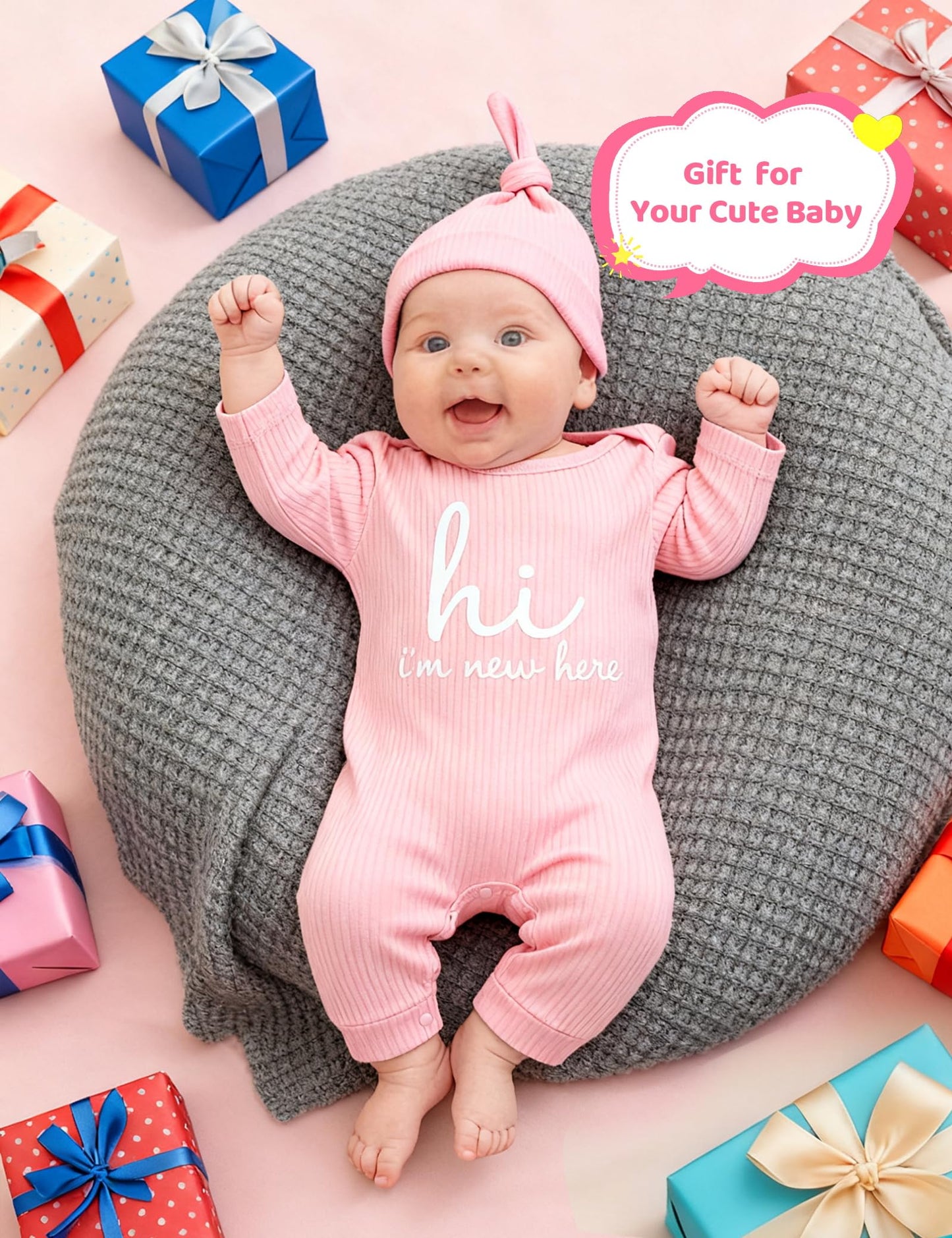 Newborn Unisex Baby Clothes 0-3 Months,Long Sleeve Onesie Infant Coming Home Outfits Romper with Mittens & Hat