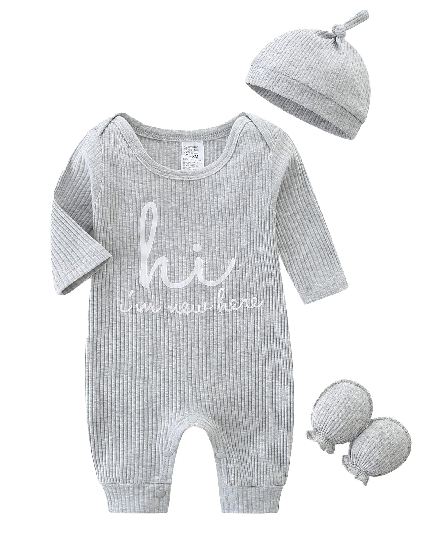 Newborn Unisex Baby Clothes 0-3 Months,Long Sleeve Onesie Infant Coming Home Outfits Romper with Mittens & Hat