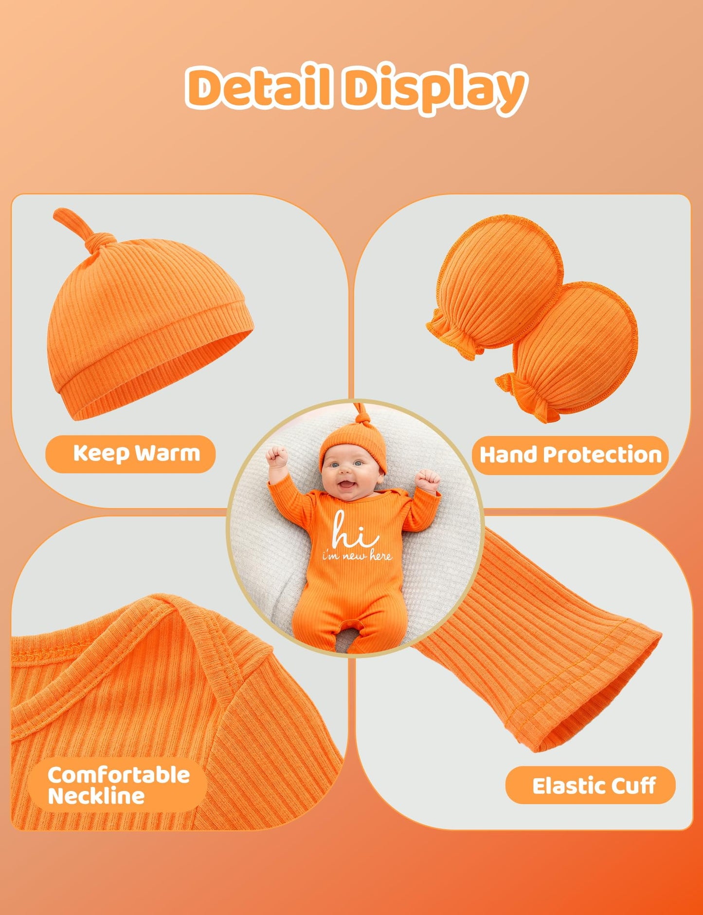 Newborn Unisex Baby Clothes 0-3 Months,Long Sleeve Onesie Infant Coming Home Outfits Romper with Mittens & Hat