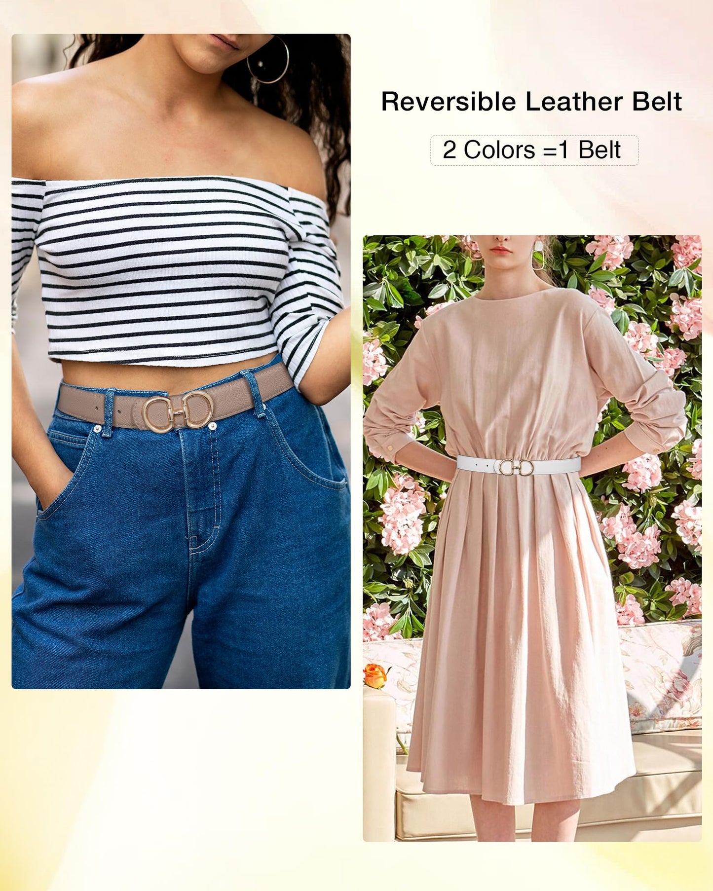AWAYTR Reversible Belt for Women - Two-in-One Women Fashion Leather Belt for Jeans with Golden Buckle
