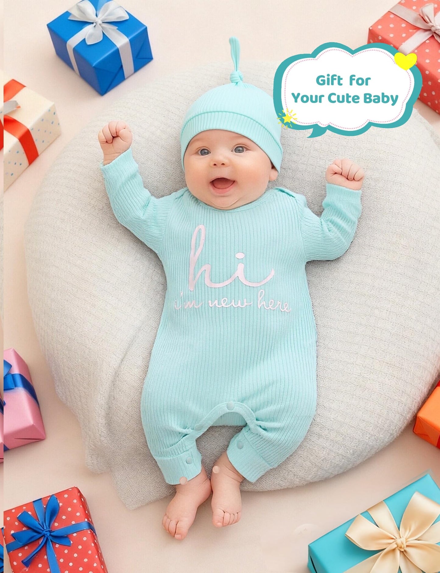 Newborn Unisex Baby Clothes 0-3 Months,Long Sleeve Onesie Infant Coming Home Outfits Romper with Mittens & Hat