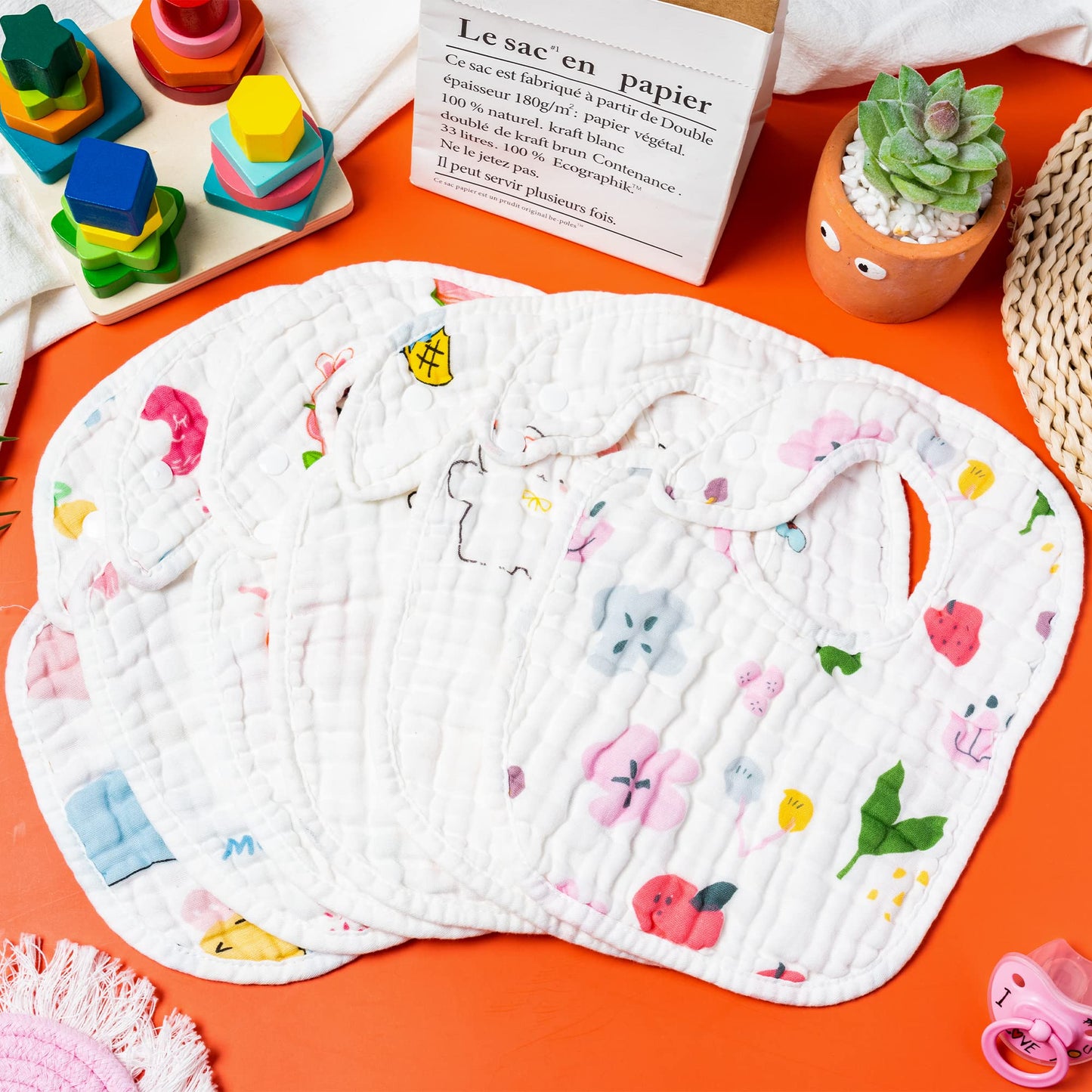 Zainpe 6Pcs Snap Muslin Cotton Bibs for Baby Love Heart Milk Letter Pattern Bib with 6 Absorbent Soft Layers, Machine Washable Burp Cloths for Infants Newborns Toddlers Drooling Feeding and Teething