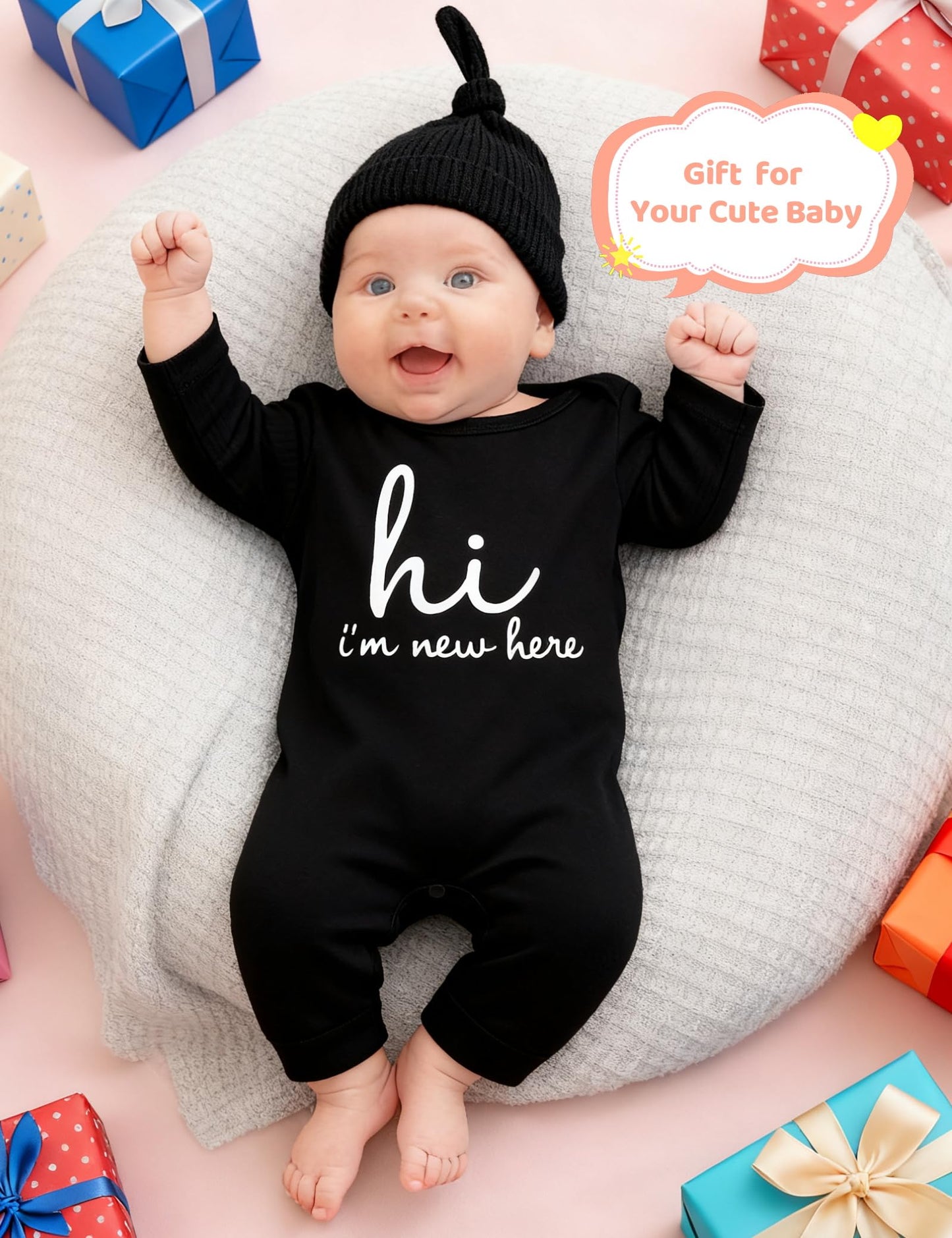 Newborn Unisex Baby Clothes 0-3 Months,Long Sleeve Onesie Infant Coming Home Outfits Romper with Mittens & Hat