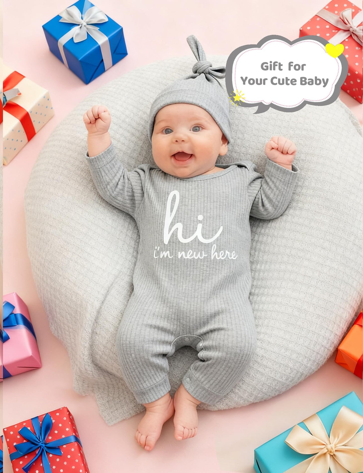 Newborn Unisex Baby Clothes 0-3 Months,Long Sleeve Onesie Infant Coming Home Outfits Romper with Mittens & Hat