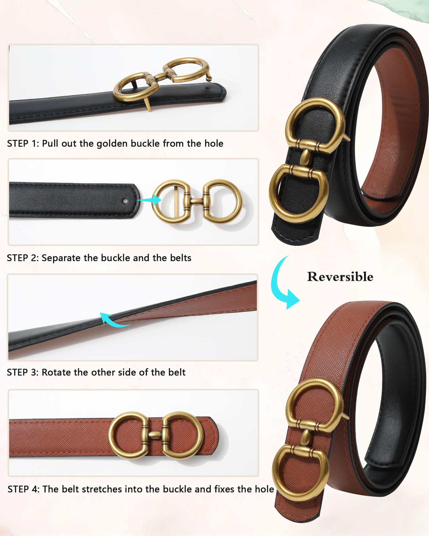 AWAYTR Reversible Belt for Women - Two-in-One Women Fashion Leather Belt for Jeans with Golden Buckle