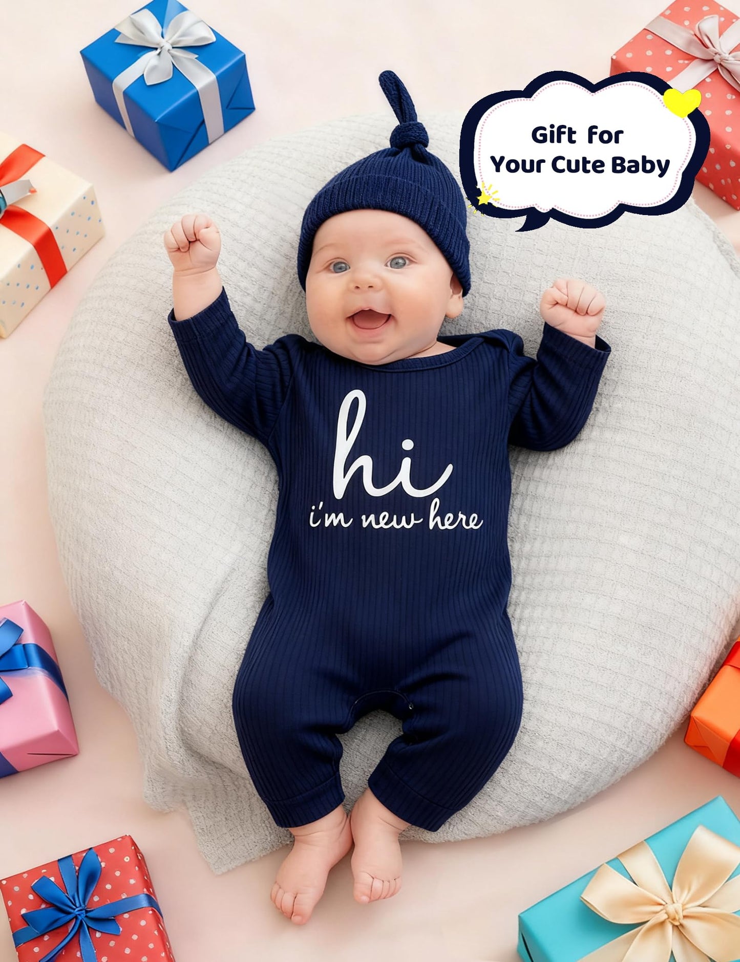 Newborn Unisex Baby Clothes 0-3 Months,Long Sleeve Onesie Infant Coming Home Outfits Romper with Mittens & Hat