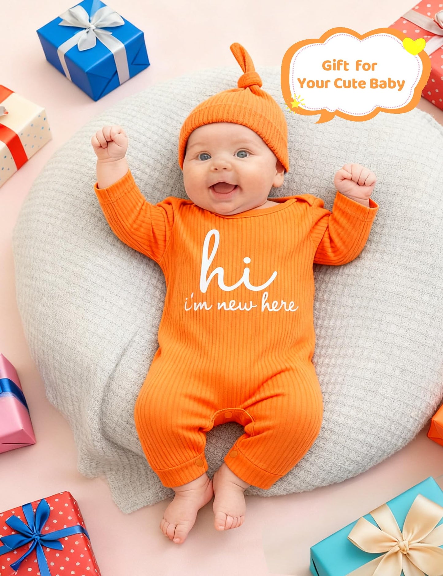 Newborn Unisex Baby Clothes 0-3 Months,Long Sleeve Onesie Infant Coming Home Outfits Romper with Mittens & Hat