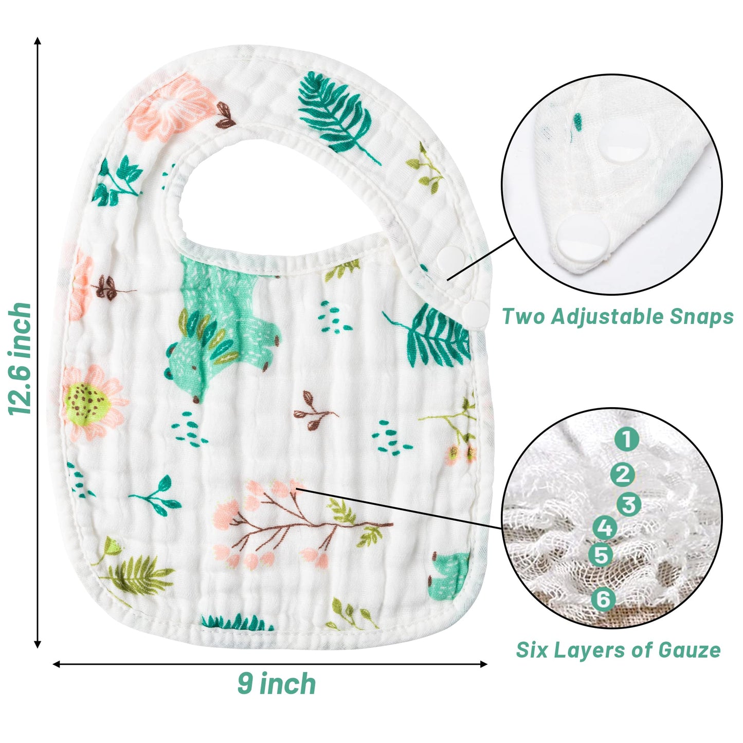 Zainpe 6Pcs Snap Muslin Cotton Bibs for Baby Love Heart Milk Letter Pattern Bib with 6 Absorbent Soft Layers, Machine Washable Burp Cloths for Infants Newborns Toddlers Drooling Feeding and Teething