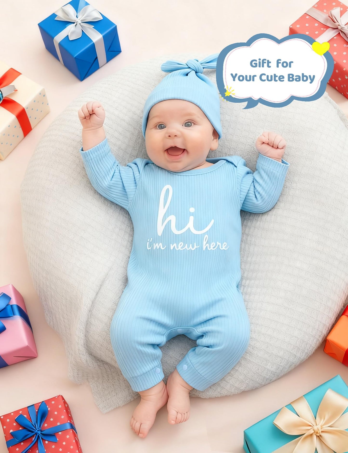 Newborn Unisex Baby Clothes 0-3 Months,Long Sleeve Onesie Infant Coming Home Outfits Romper with Mittens & Hat