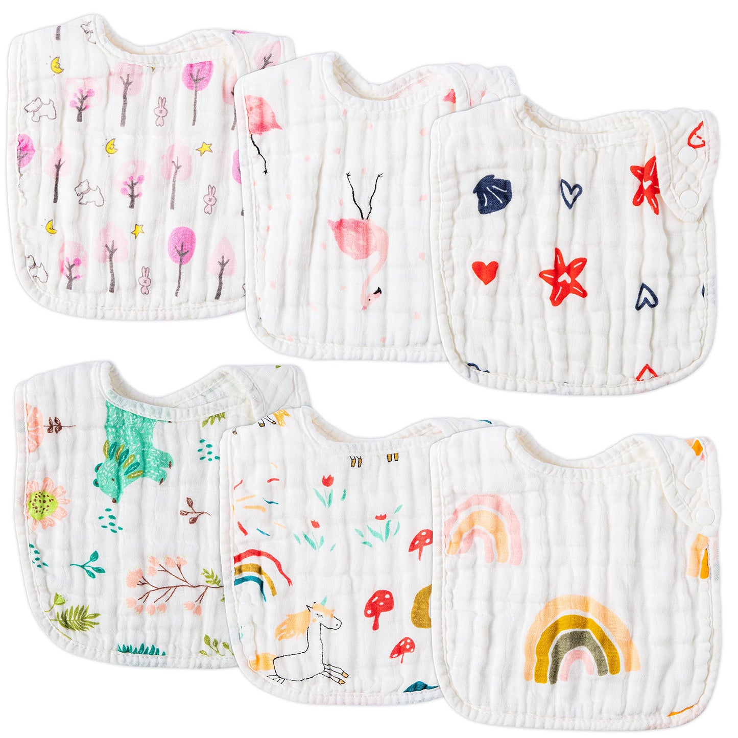 Zainpe 6Pcs Snap Muslin Cotton Bibs for Baby Love Heart Milk Letter Pattern Bib with 6 Absorbent Soft Layers, Machine Washable Burp Cloths for Infants Newborns Toddlers Drooling Feeding and Teething